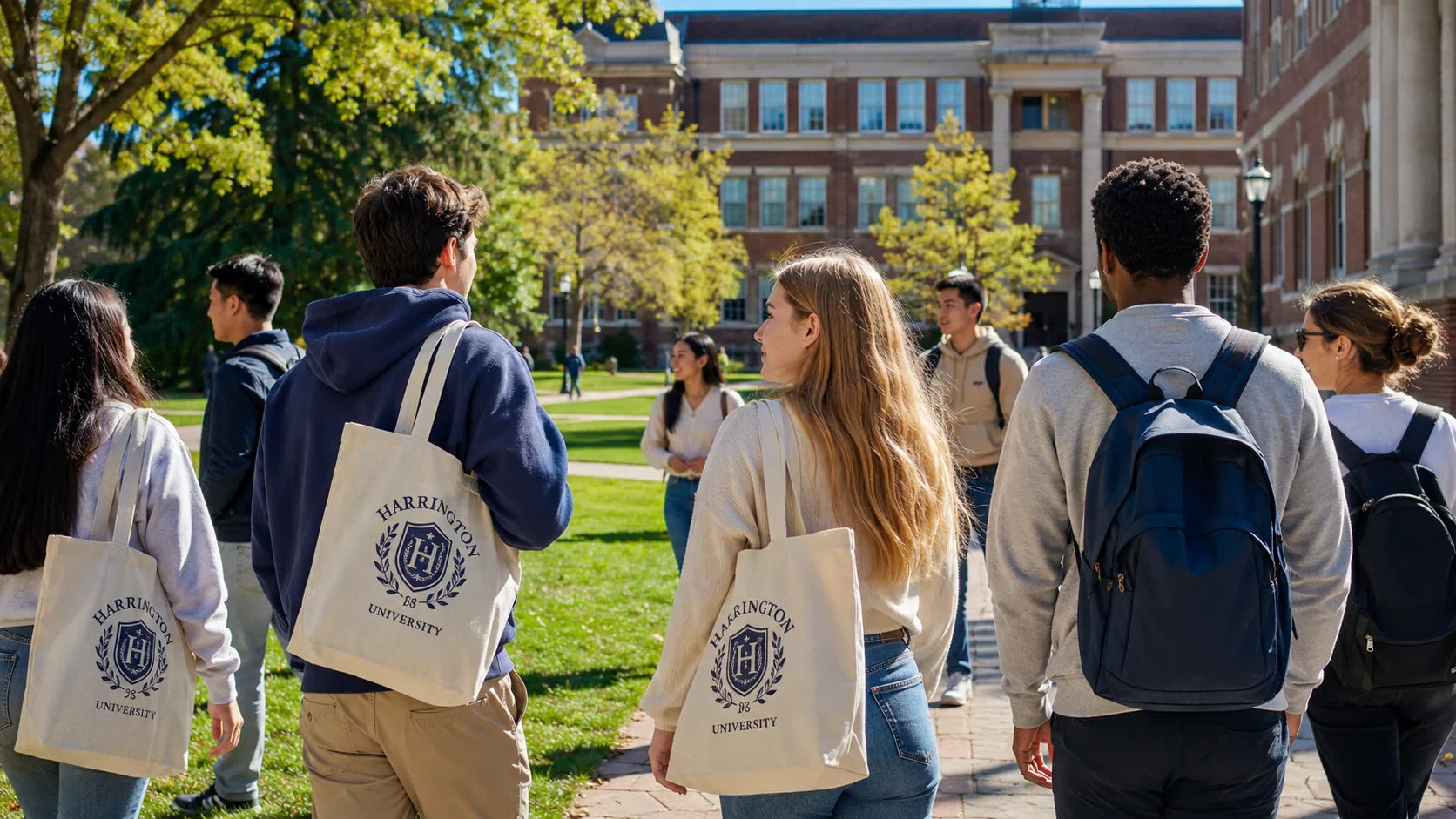 Students carrying custom printed tote bags on a university campus