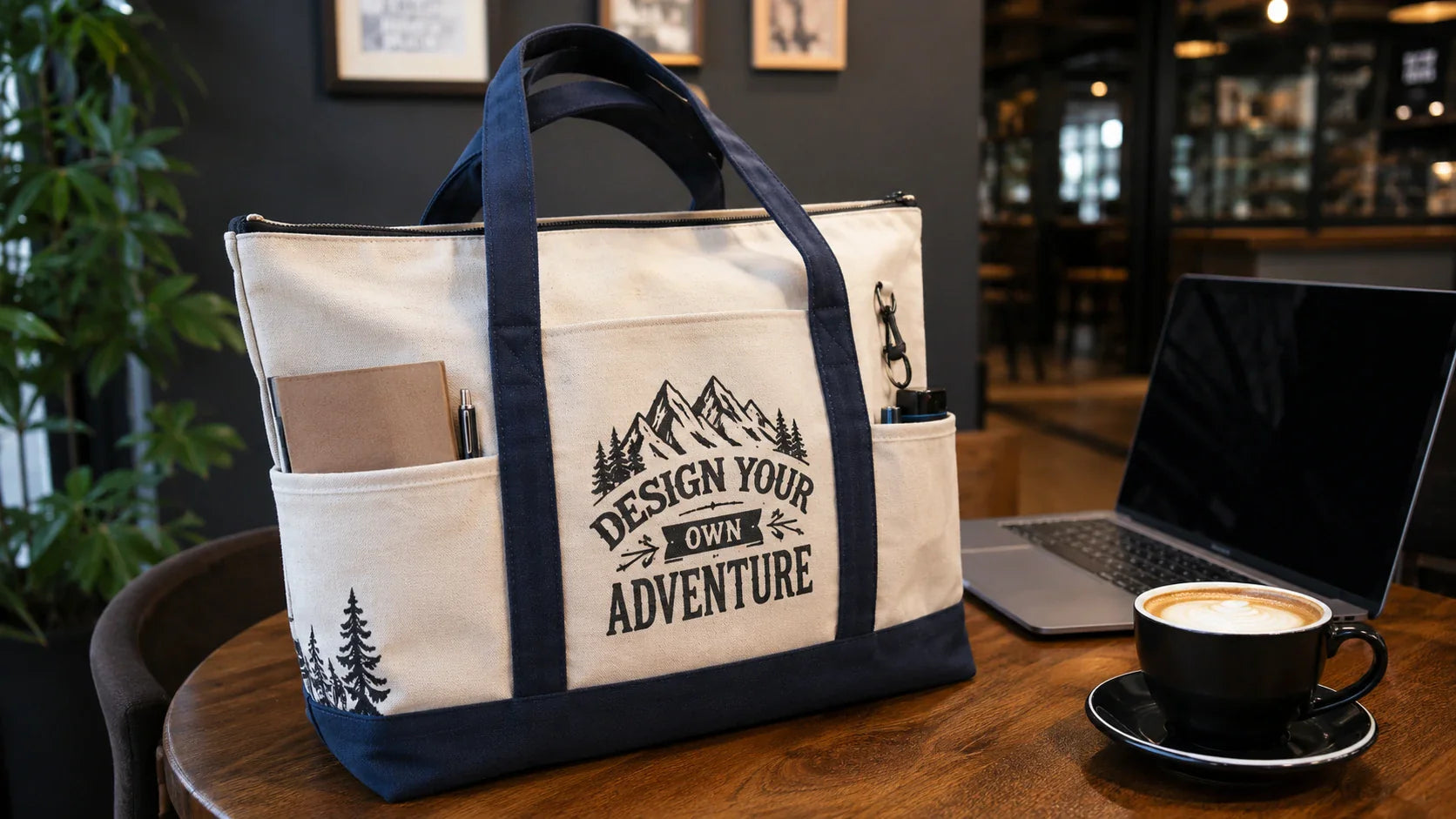 Custom printed tote bags featuring top zippers and organized pockets