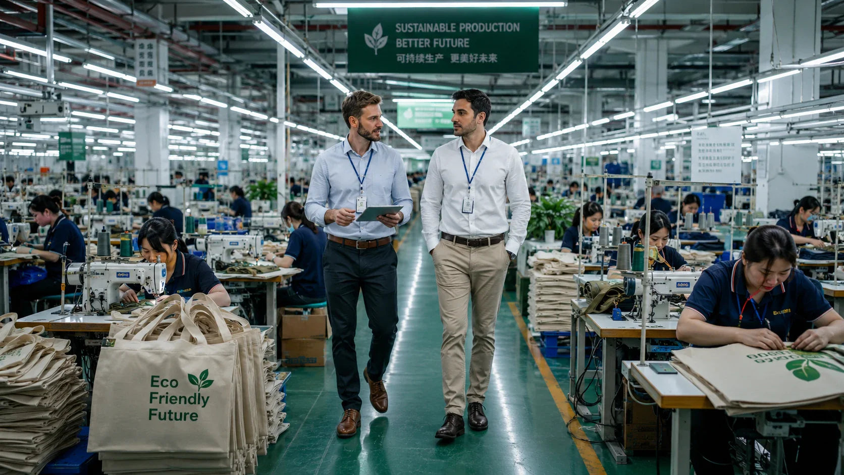 B2B procurement managers conducting a factory audit at a modern custom reusable bag manufacturing facility.