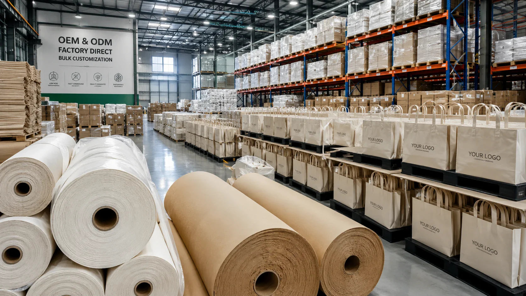 Massive rolls of fabric and completed custom shopping bags in a warehouse illustrating Minimum Order Quantities.