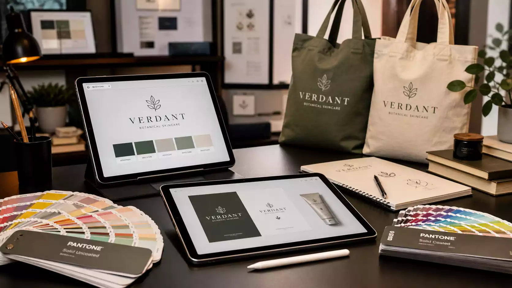 A graphic designer's workspace featuring Pantone color books and beautifully custom printed tote bags.