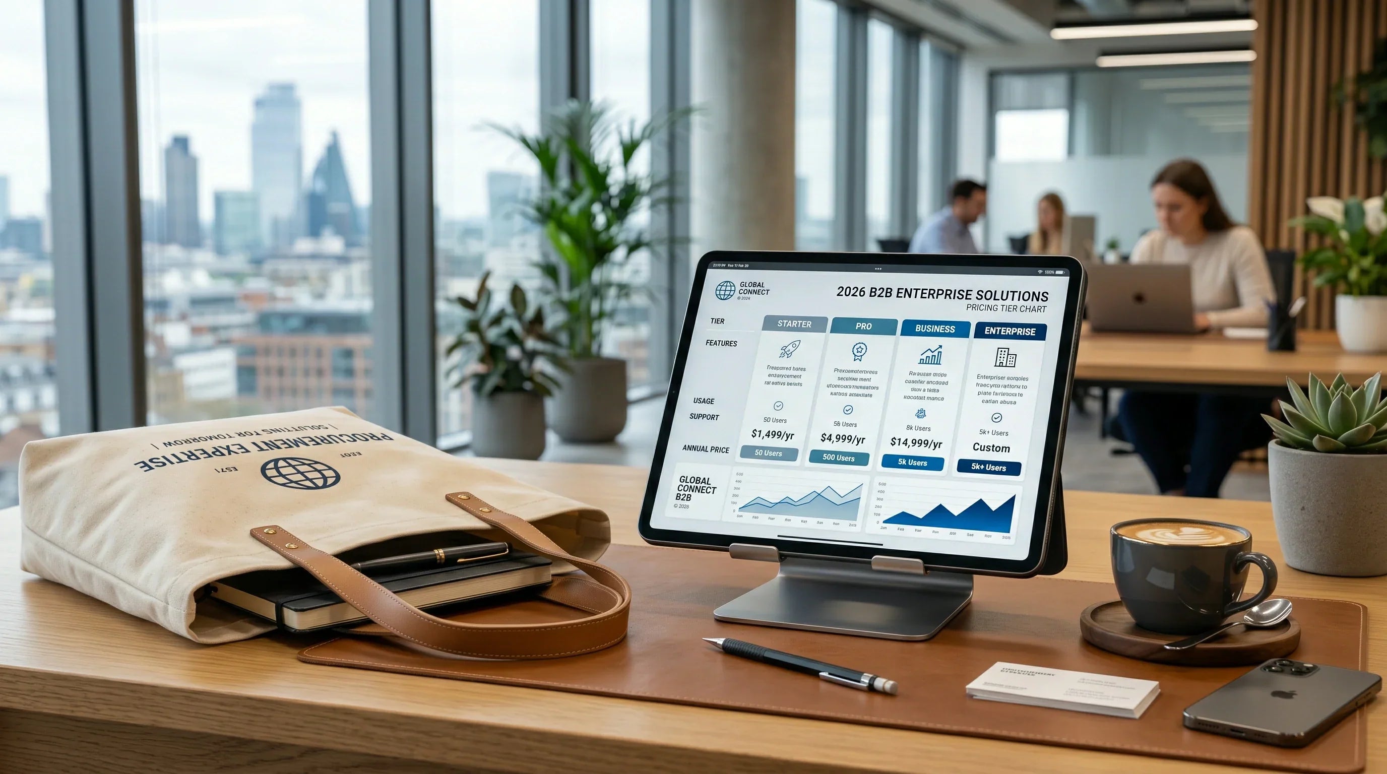 A transparent 2026 cost breakdown chart displayed on a tablet next to a premium custom tote bag.
