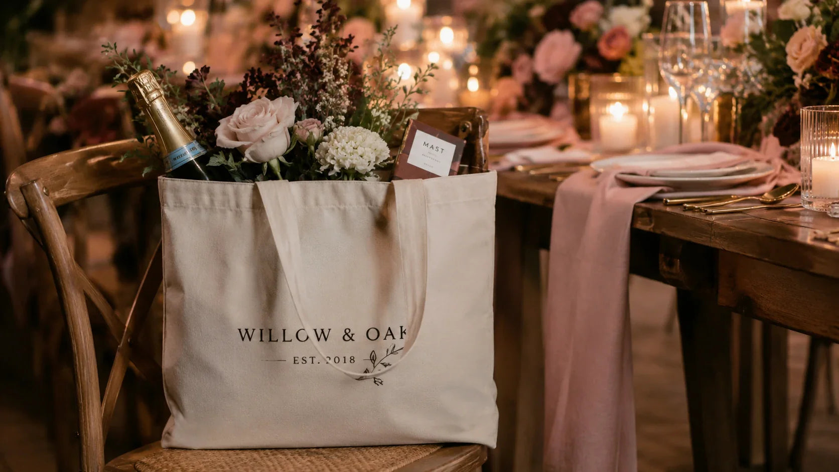 Elegant custom tote bags used as premium favor bags for luxury weddings and corporate events.