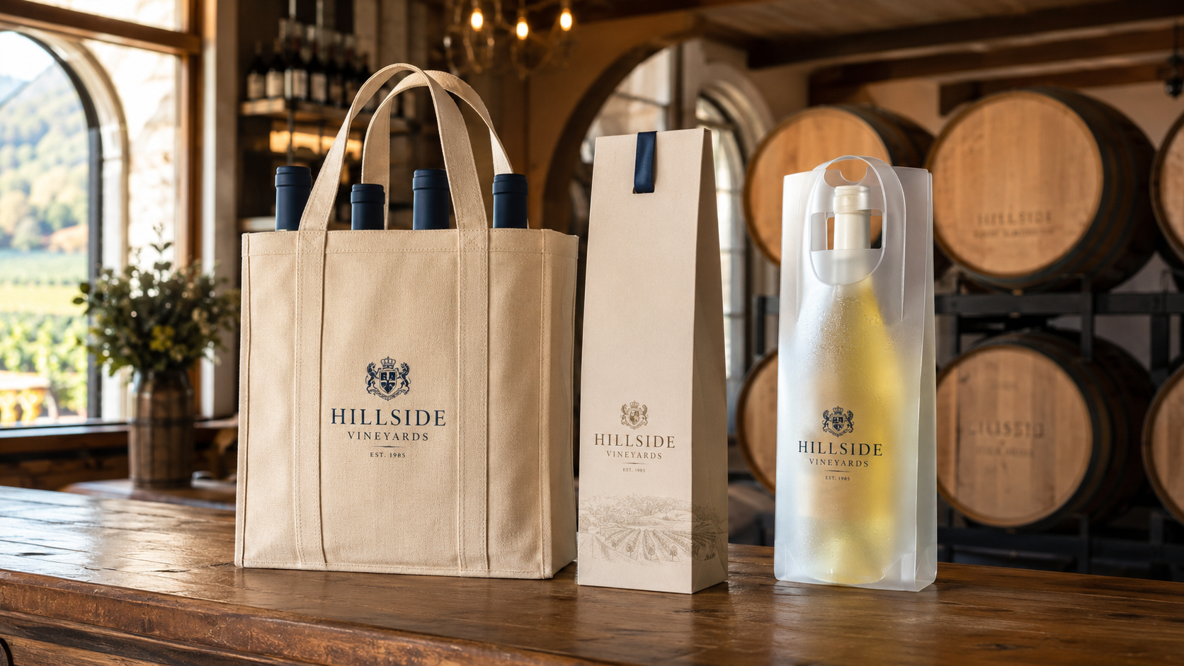 A beautiful arrangement of custom wine bottle totes in heavy canvas and frosted PLA at a luxury winery tasting room.
