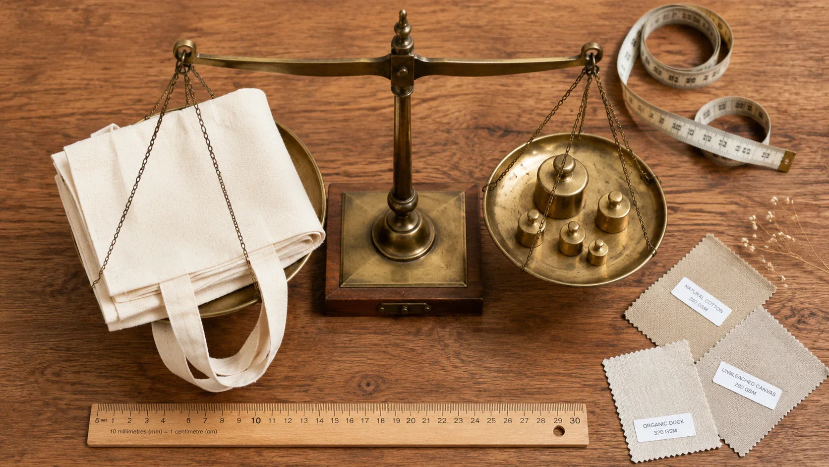 A professional tailor's scale measuring the fabric weight of custom printed cotton bags.