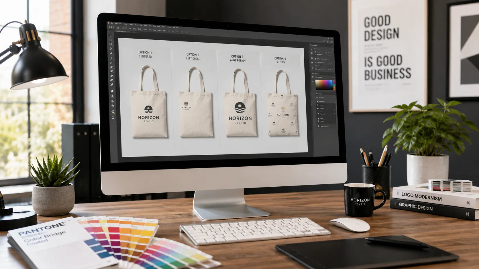 Graphic designer creating artwork for custom printed tote bags
