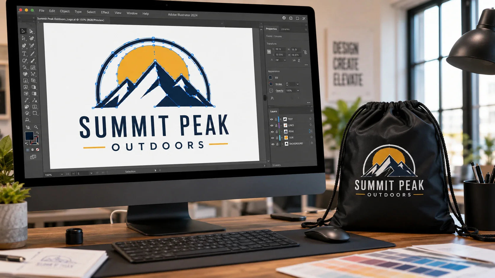 Graphic designer workspace showing a vector logo translated perfectly onto a custom drawstring bag.