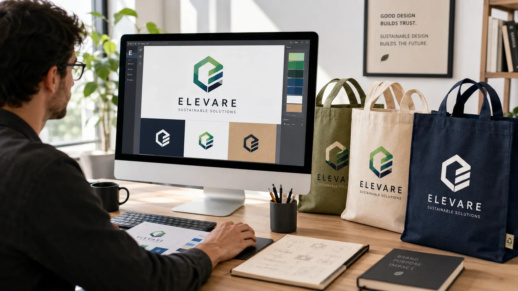 A designer comparing digital artwork to physical custom printed recycled tote bags in a studio.