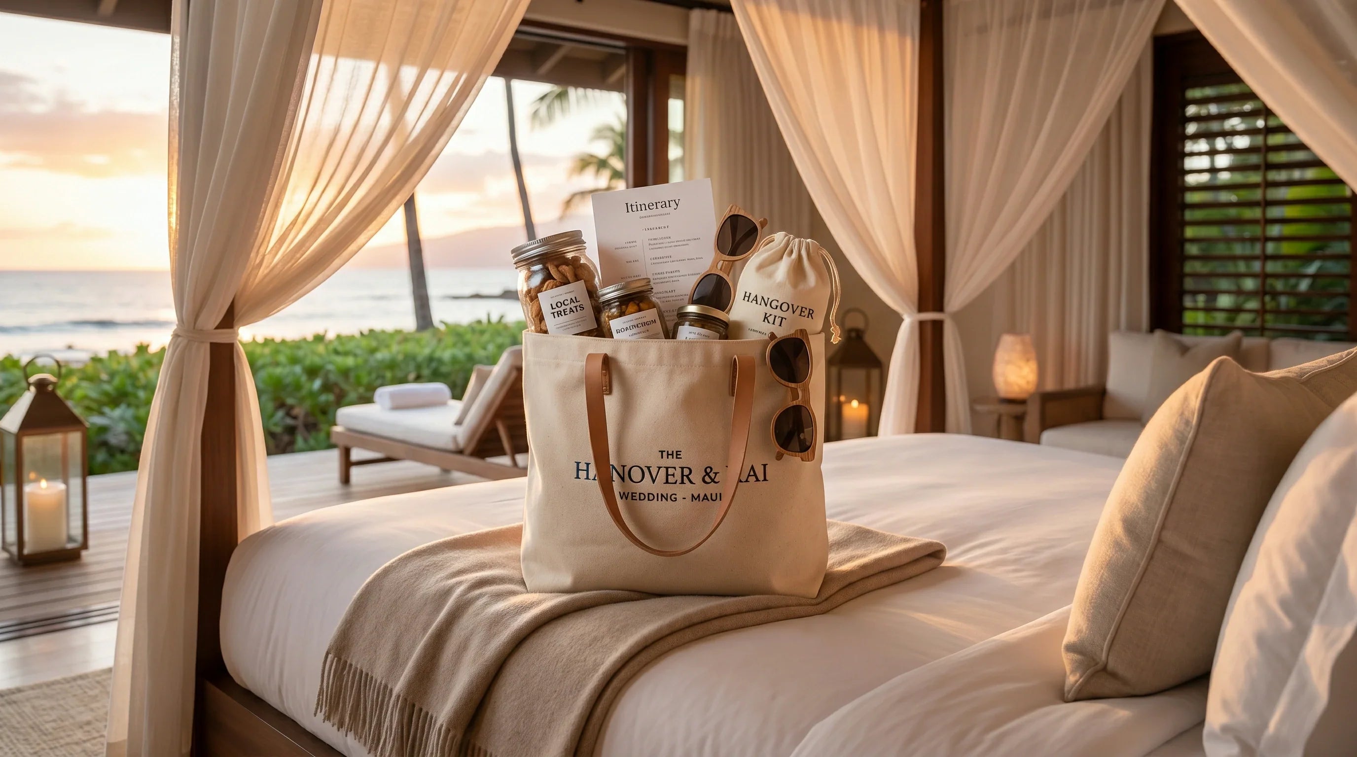 A beautifully curated destination wedding welcome kit presented inside a premium custom tote bag on a tropical resort bed.