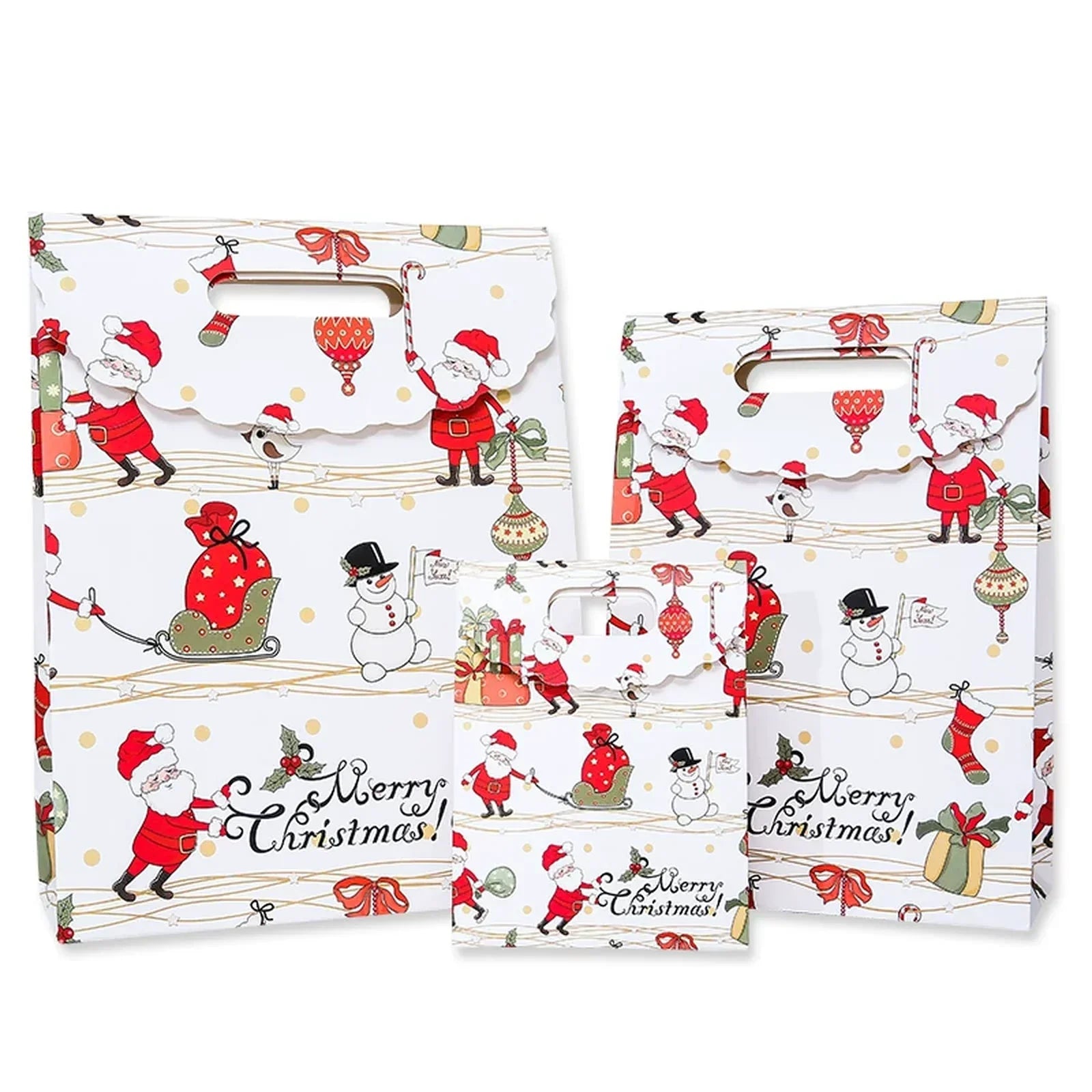 Flap-top White Santa Christmas paper gift bag with die-cut handle
