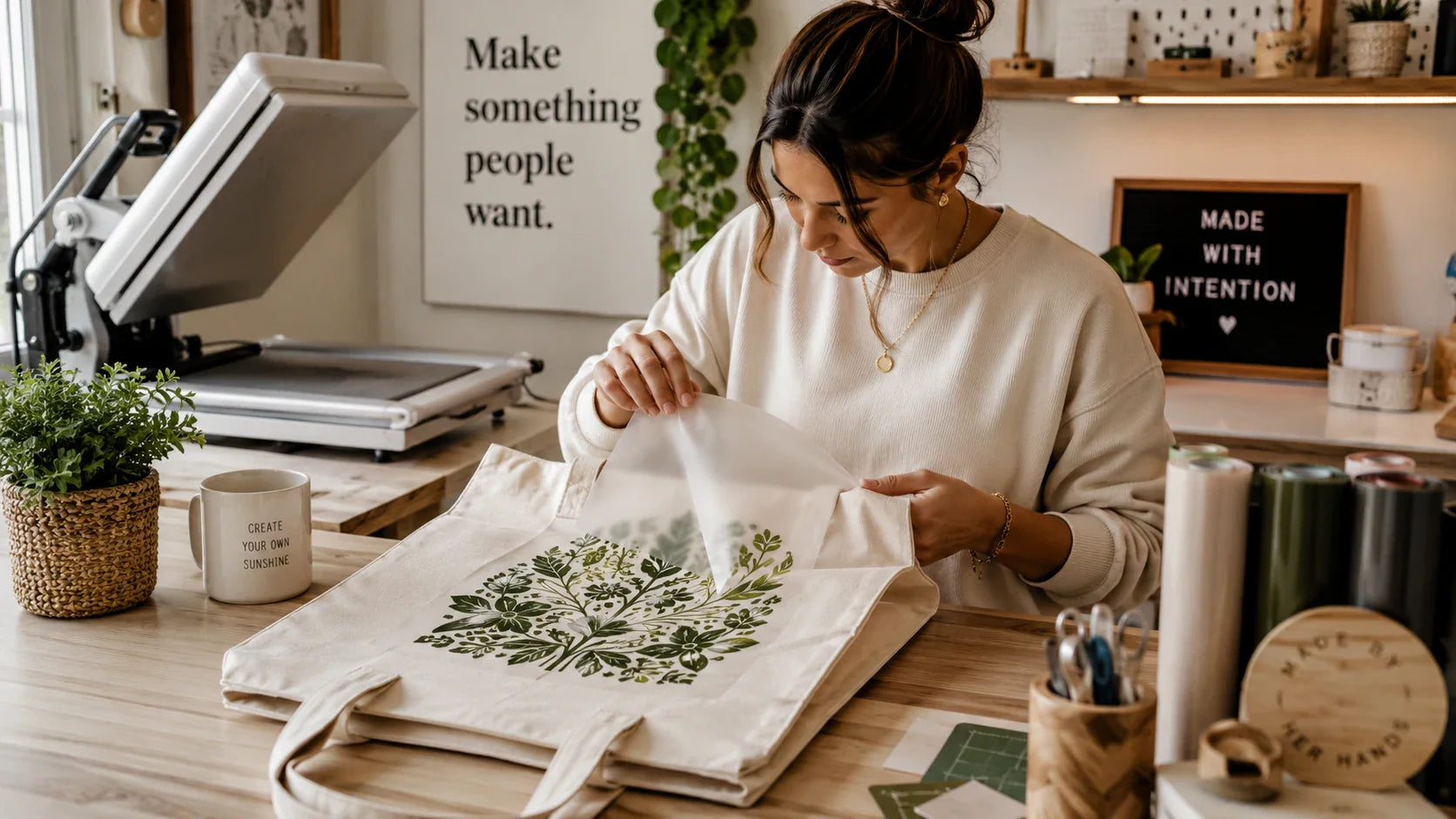 An independent creator applying a heat transfer vinyl design to a blank custom canvas tote bag in a home studio.