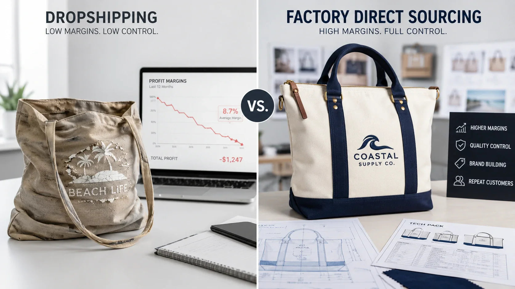 Dropshipping vs. Direct Factory Sourcing for Your Custom Beach Tote Business