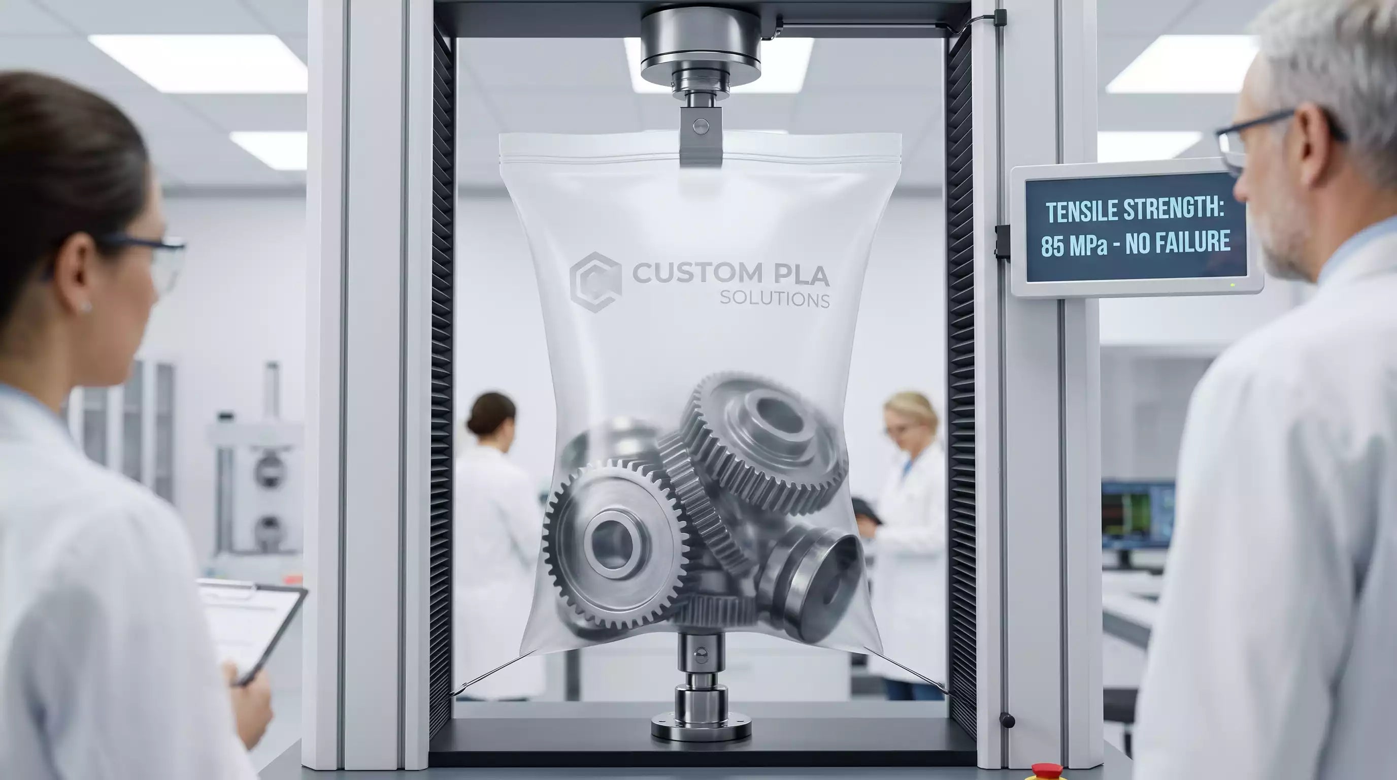A frosted Custom PLA Bag successfully holding heavy metal weights without tearing.