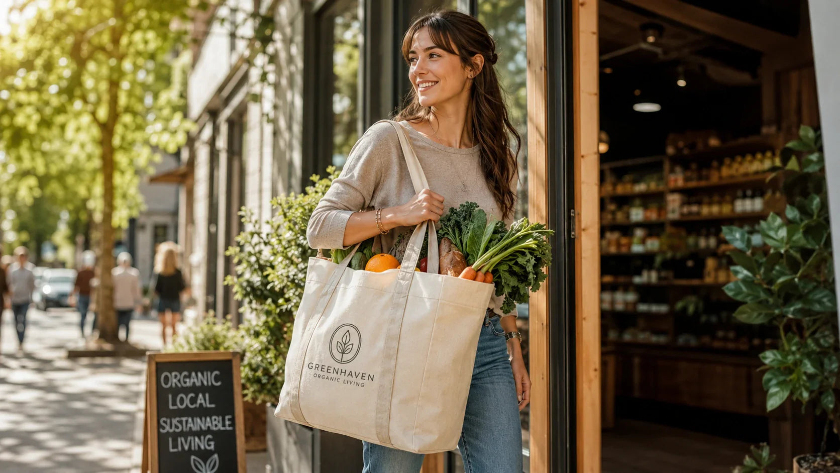 An eco-conscious shopper carrying fresh produce in a heavy-duty custom canvas tote bag on a sunny city street.