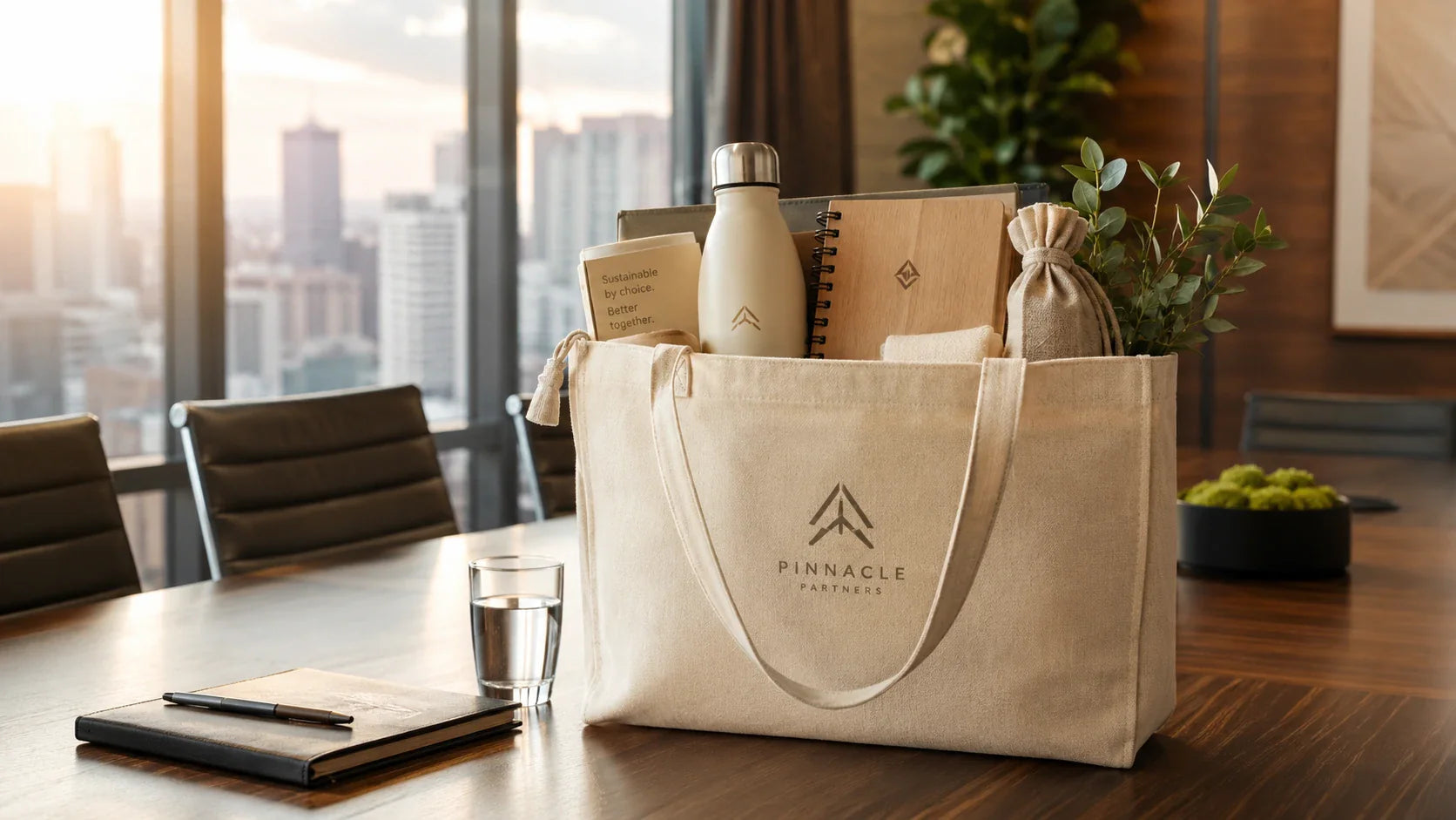 High-end, eco-friendly corporate gifts beautifully packaged inside premium custom tote bags.