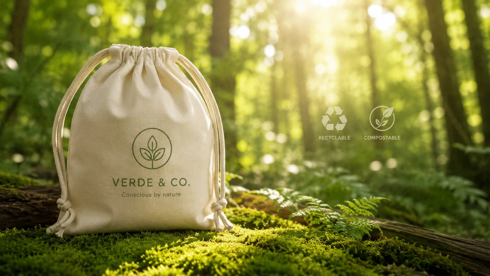 Eco friendly drawstring bags resting on natural green moss representing true sustainability.