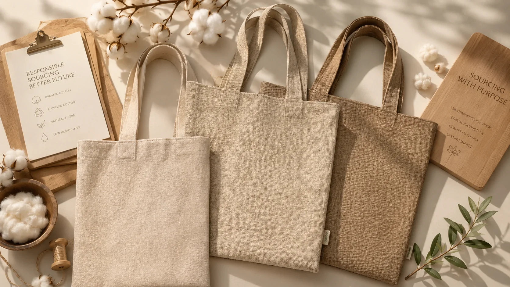 A colorful aesthetic display of eco-friendly liquid inks next to custom printed recycled tote bags.
