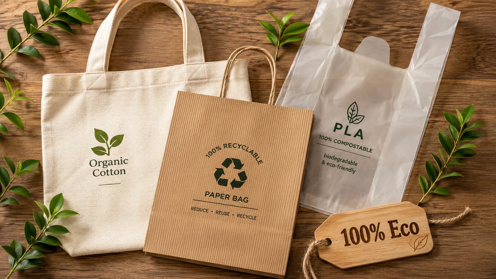 A visually appealing display comparing various eco-friendly custom shopping bag materials including canvas, paper, and PLA.