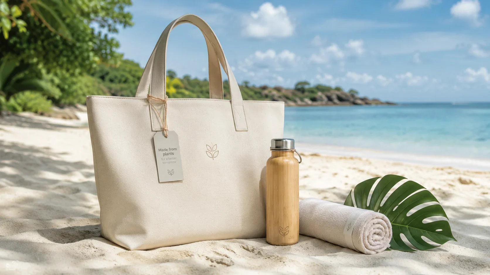 A stylish, eco-friendly custom beach bag resting on a pristine beach, surrounded by natural elements representing sustainable summer travel.