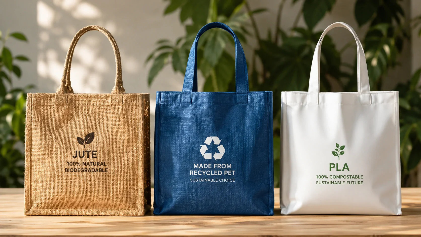 Comparing Jute, Recycled PET, and PLA materials for eco-friendly Tote Bags Custom Logo.
