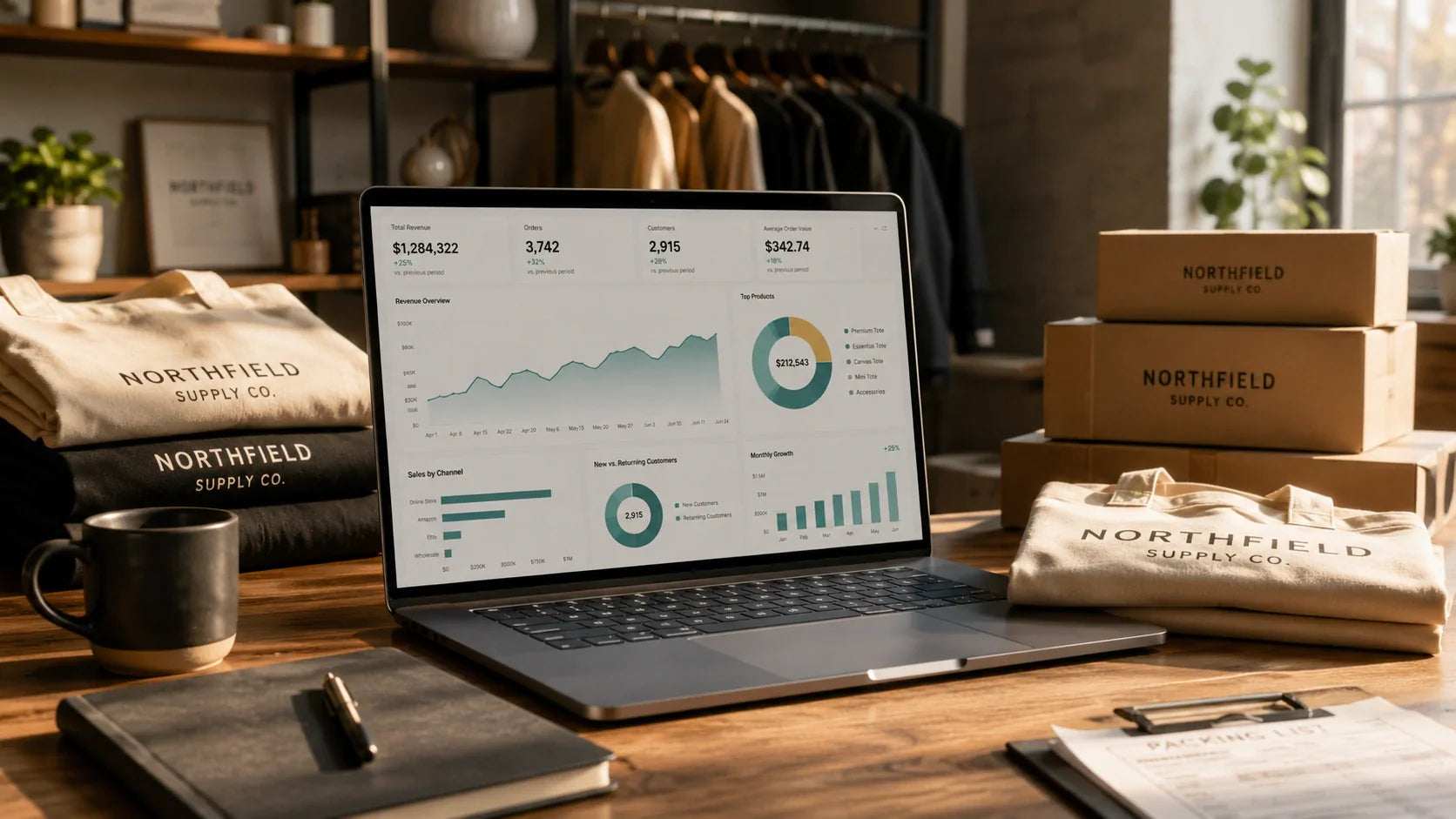 A modern e-commerce workspace showing a laptop, sales charts, and premium custom tote bags used for marketing.