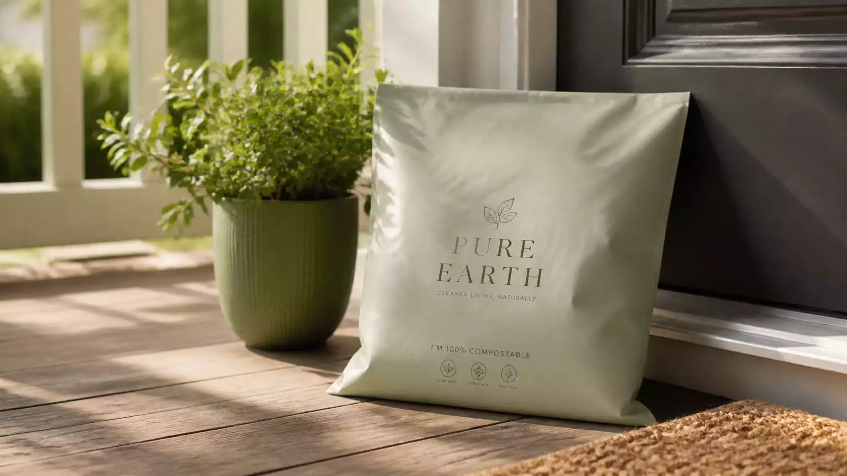 A compostable Custom PLA mailer bag resting on a customer's front porch.
