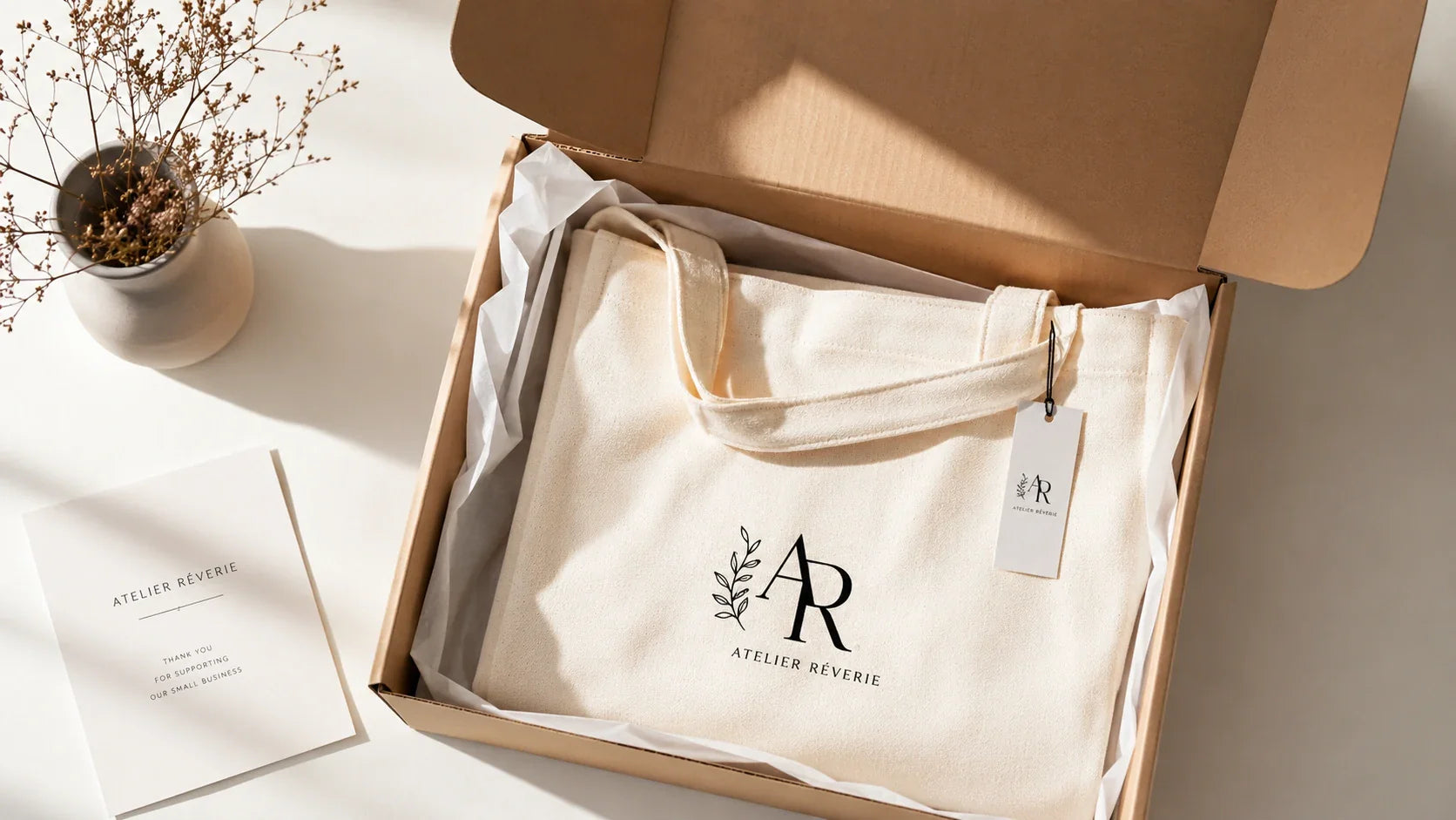 A beautiful e-commerce unboxing experience showing a premium custom shopping bag acting as an inner protective sleeve inside a shipping box.