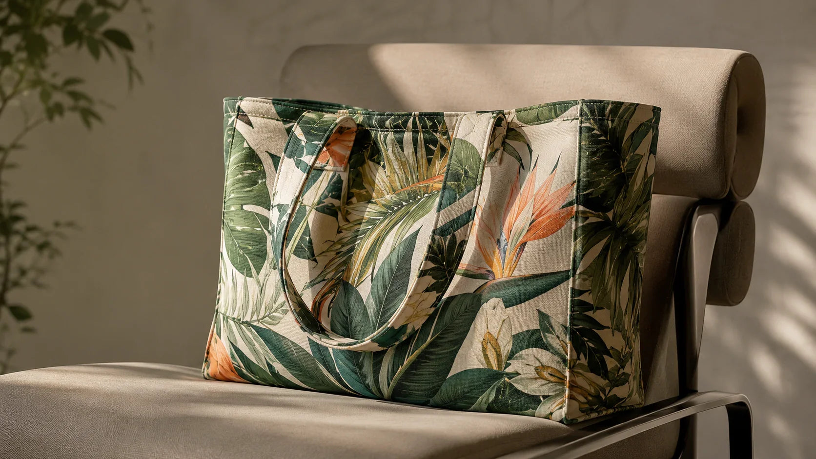 A stunning custom tote bag featuring a vibrant, edge-to-edge all-over tropical print seamlessly covering the entire fabric.