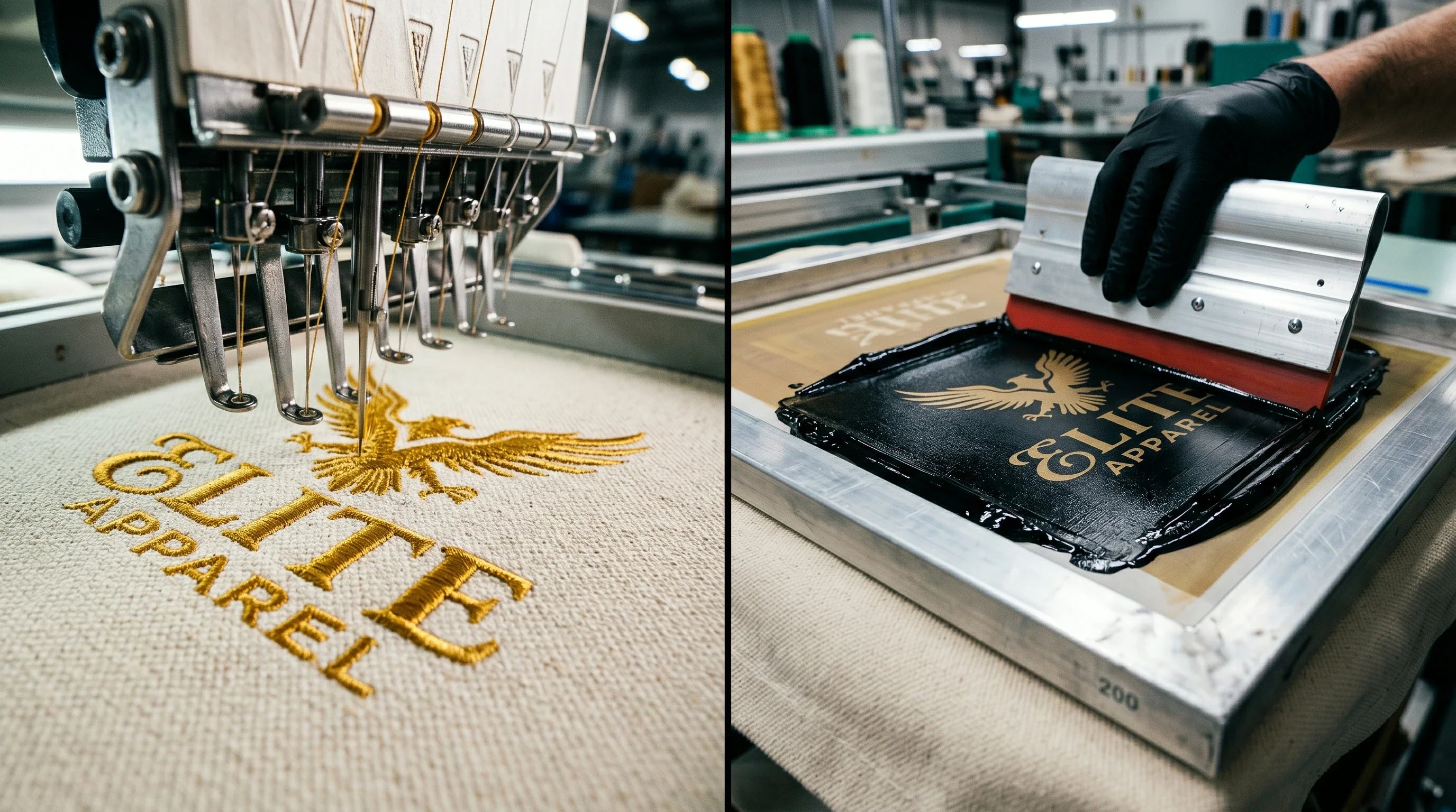 A visually striking split comparison showing needle embroidery on the left and a screen printing squeegee on the right on heavy canvas bags.