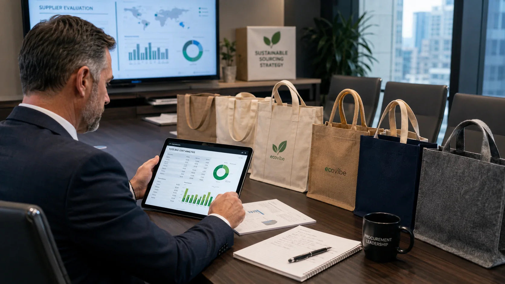 A procurement director reviewing a cost analysis dashboard for eco friendly tote bags bulk sourcing.