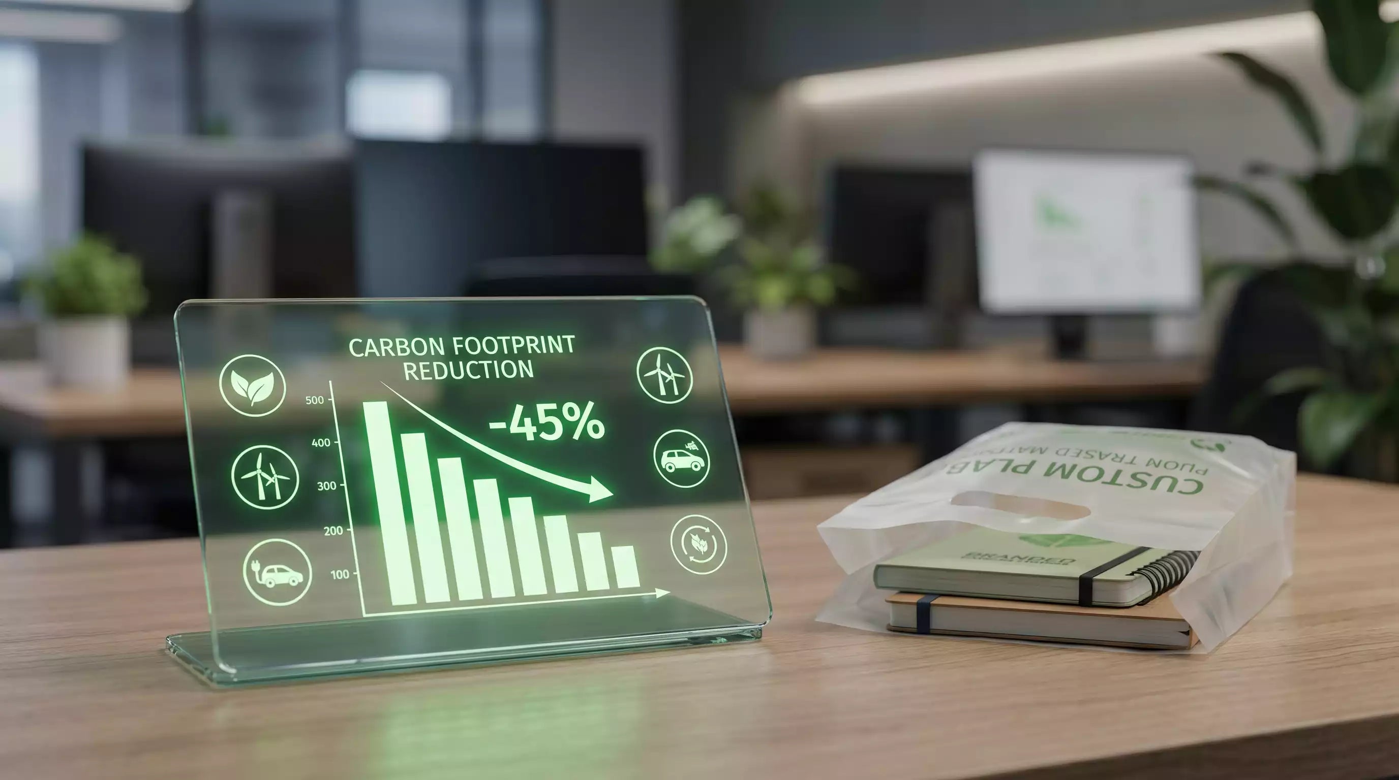 A digital dashboard showing carbon emission reductions through sustainable packaging.