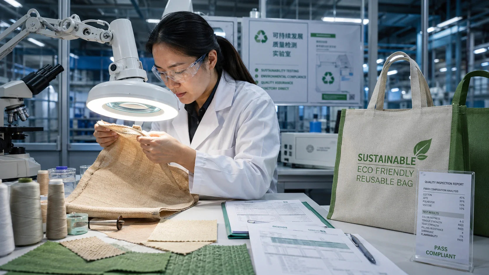 A Chinese environmental compliance expert in a factory lab evaluating the true sustainability of custom reusable bags.
