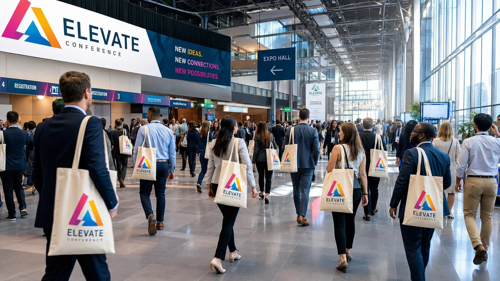 A busy trade show floor where all attendees are carrying identical high-quality custom canvas bags with a bold logo.