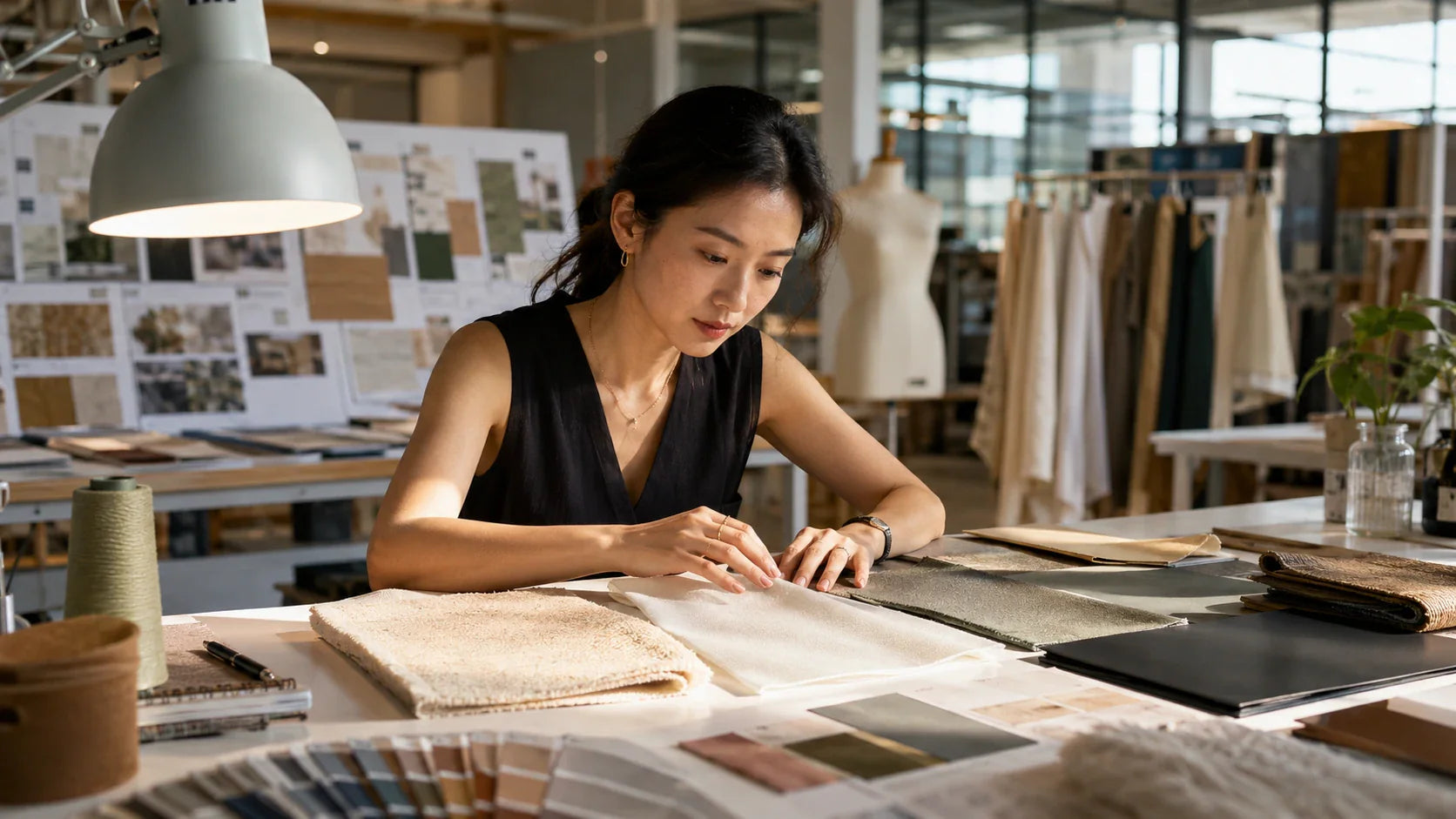 A Chinese textile designer at Tote Bag Factory evaluating different fabric textures to enhance brand aesthetics.