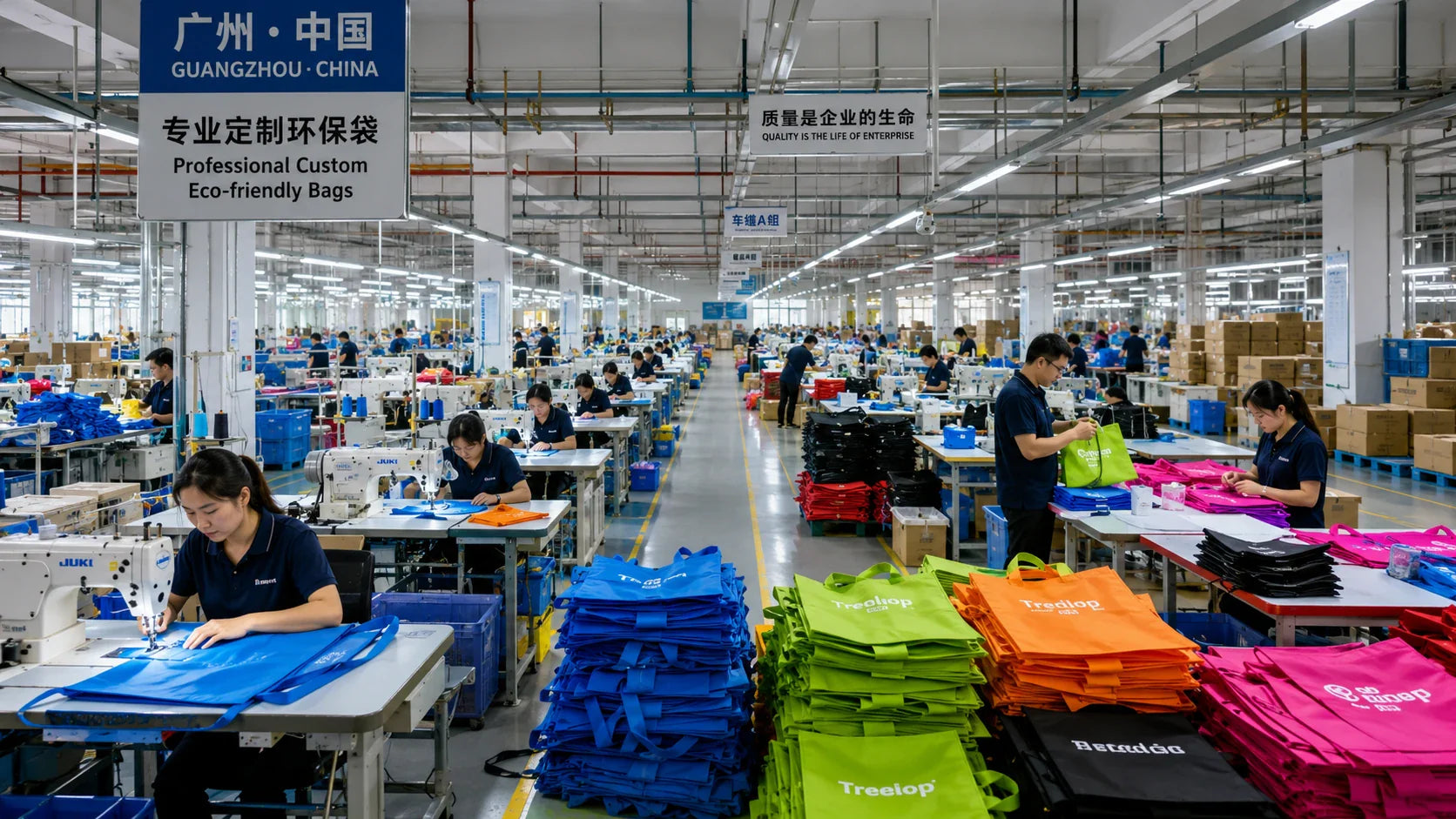 A wide-angle view of a modern automated production line for custom reusable bags in a professional factory setting.