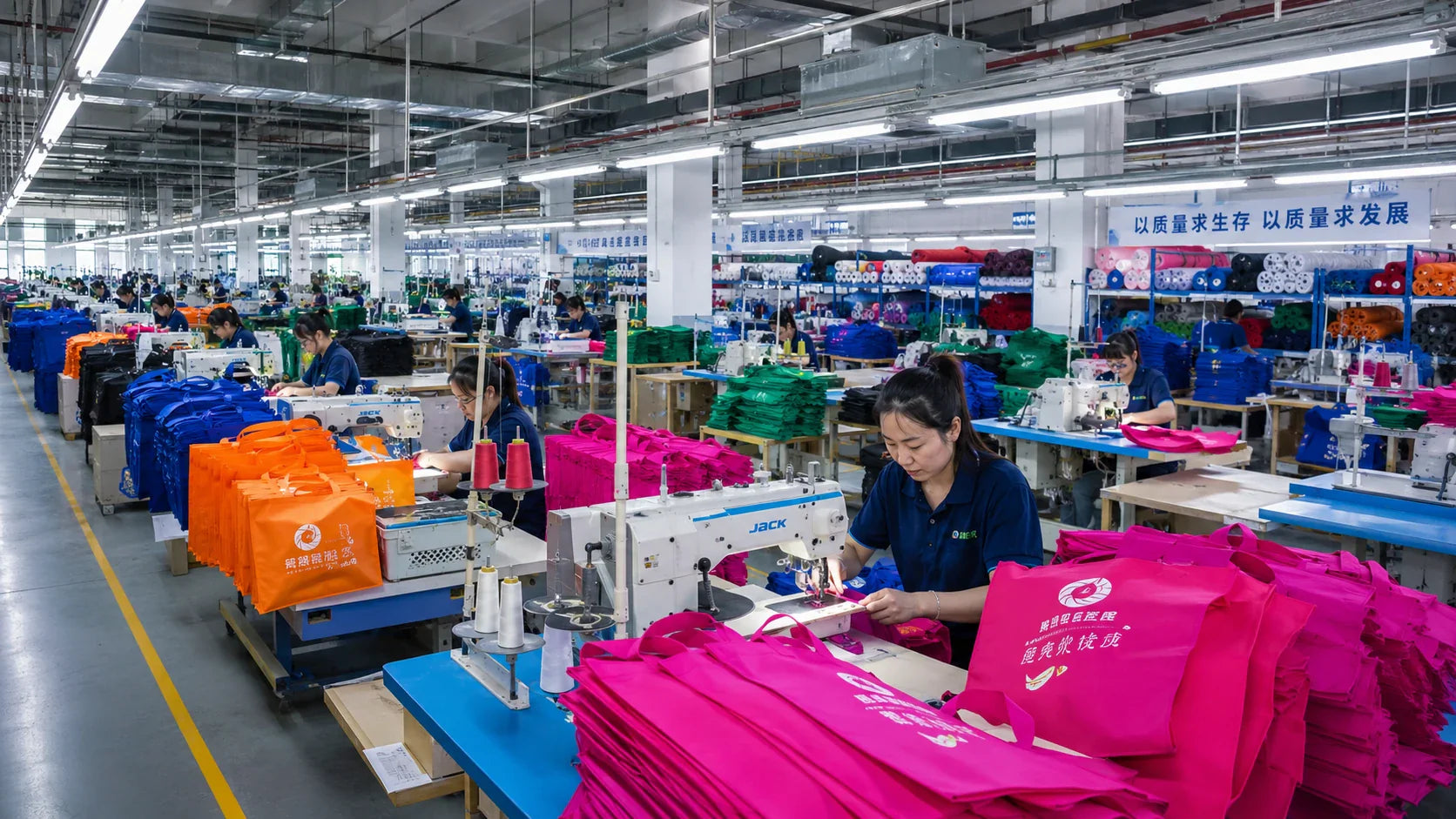 A busy production floor at Tote Bag Factory where skilled Chinese workers assemble custom reusable bags.