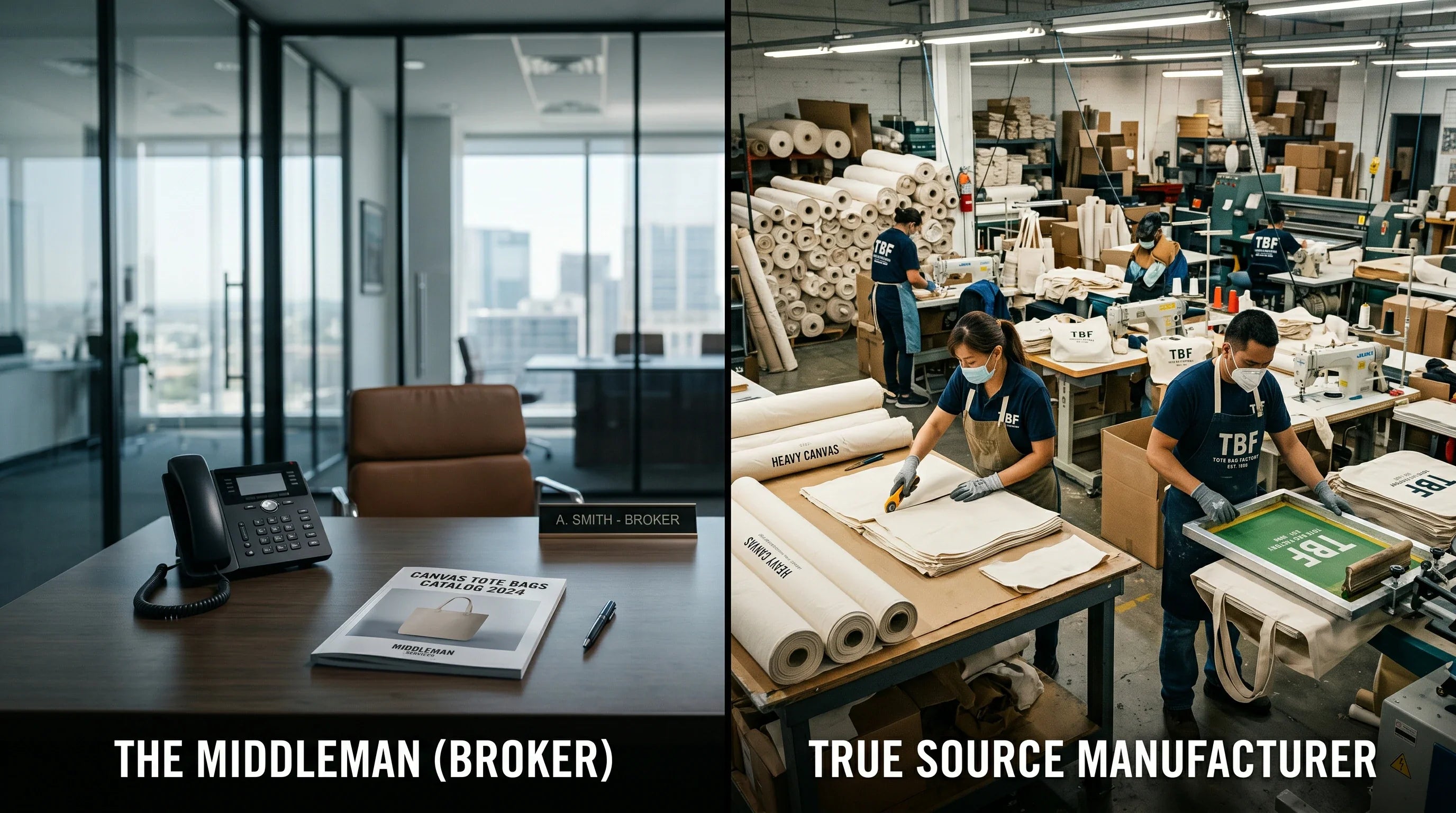 A conceptual split image comparing a middleman's office desk to a bustling factory production line for custom tote bags.