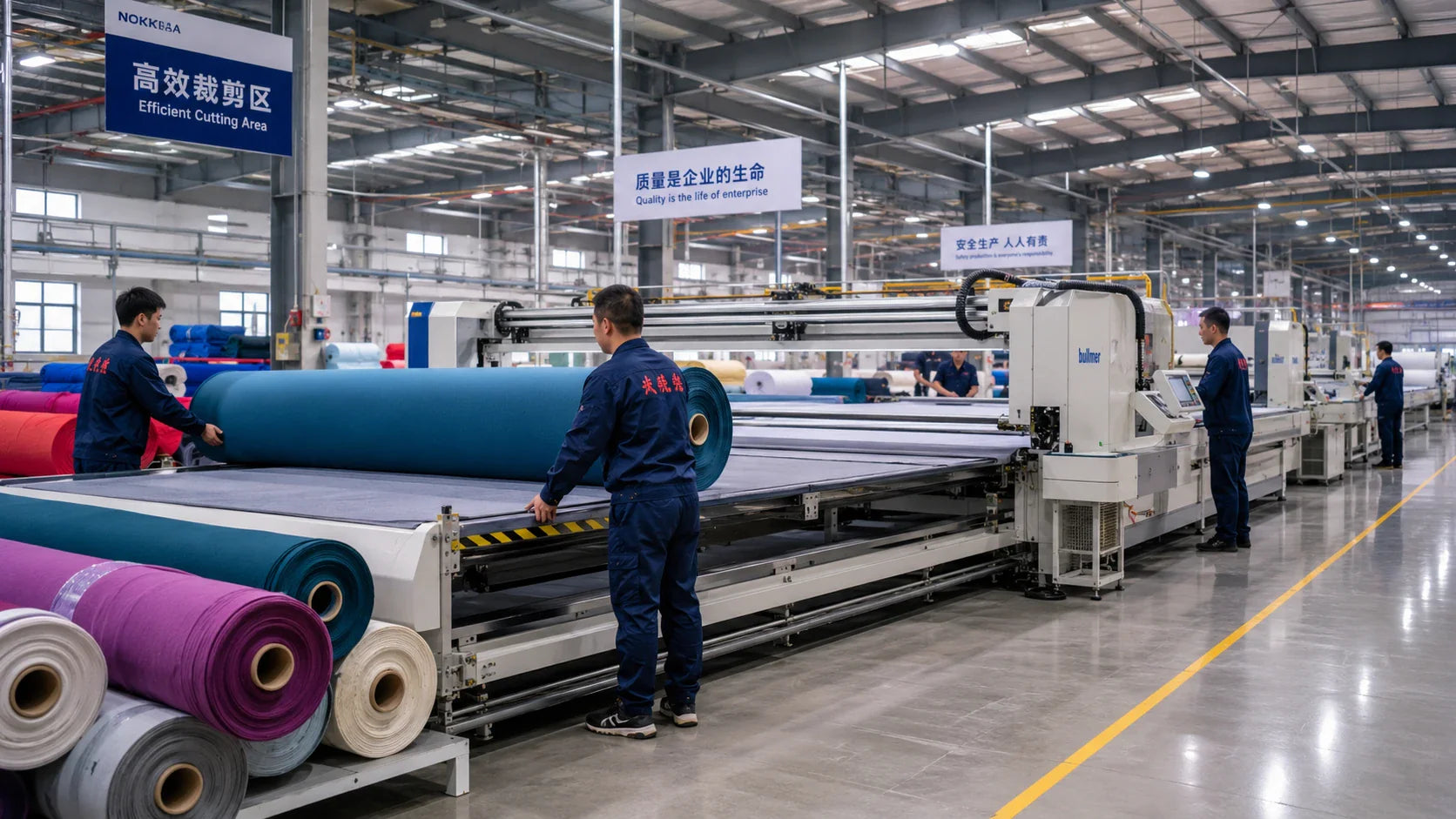 Chinese factory workers setting up a large-scale automated production line for custom reusable bags.