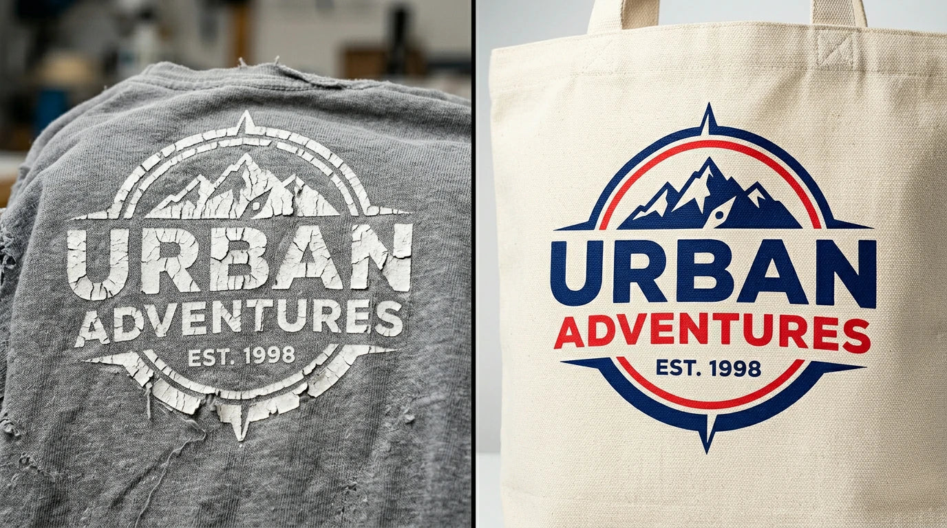 A comparison showing a faded, cracked logo versus a vibrant, perfectly printed logo on a custom canvas bag.