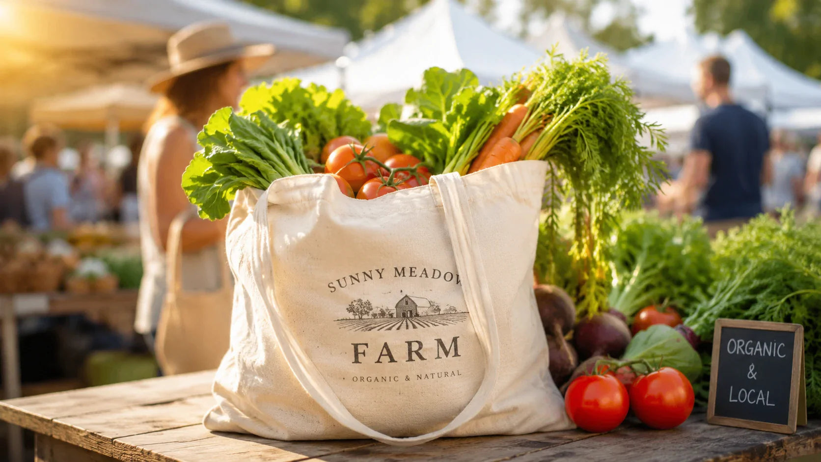 Fresh, organic vegetables beautifully displayed inside natural custom printed cotton bags at a bustling farmers market.