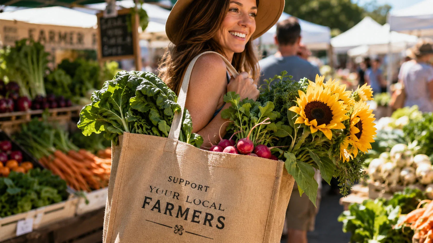 A natural recycled tote bag overflowing with fresh vegetables and flowers at a sunny farmers market.