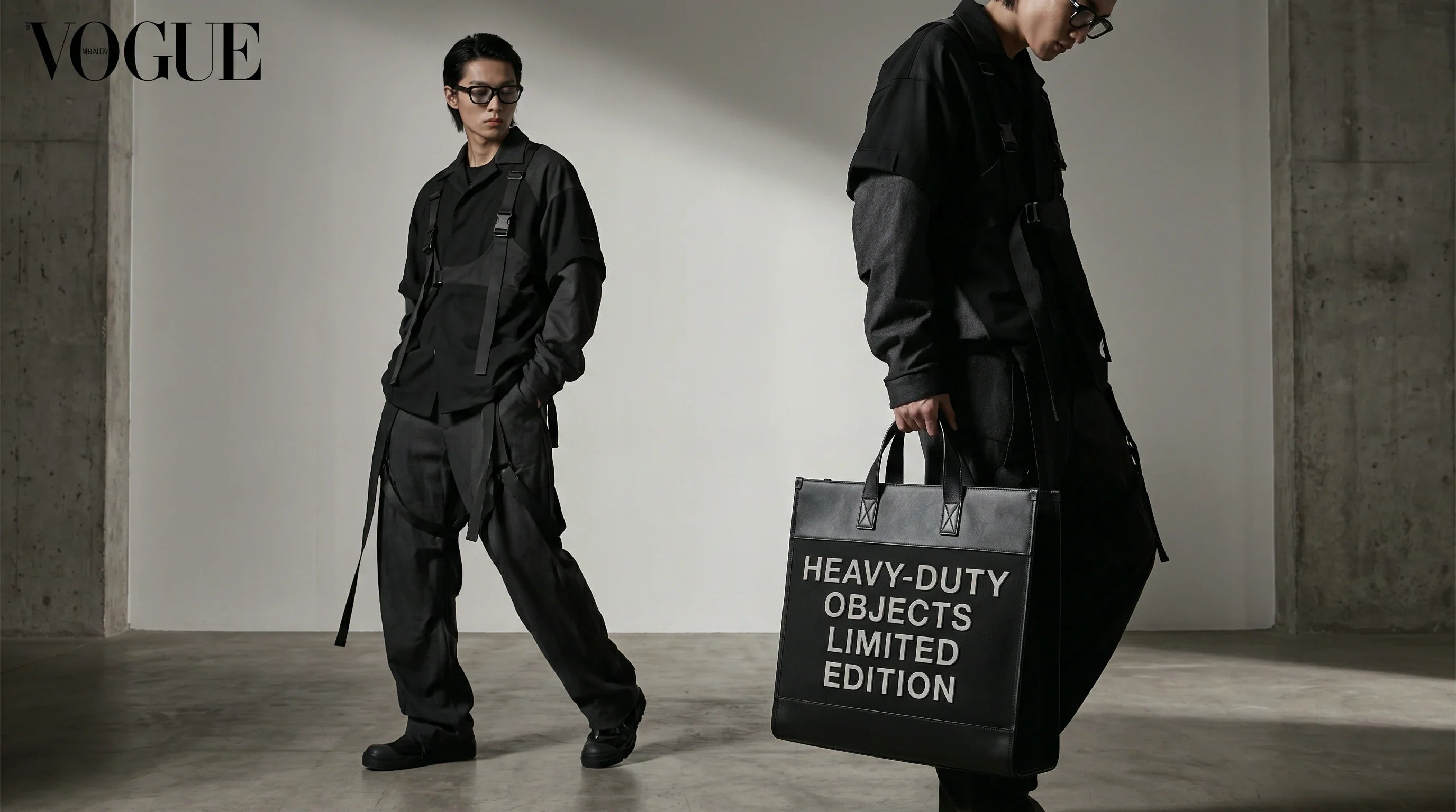 A high-end fashion editorial shot featuring a model carrying a minimalist, premium custom tote bag.
