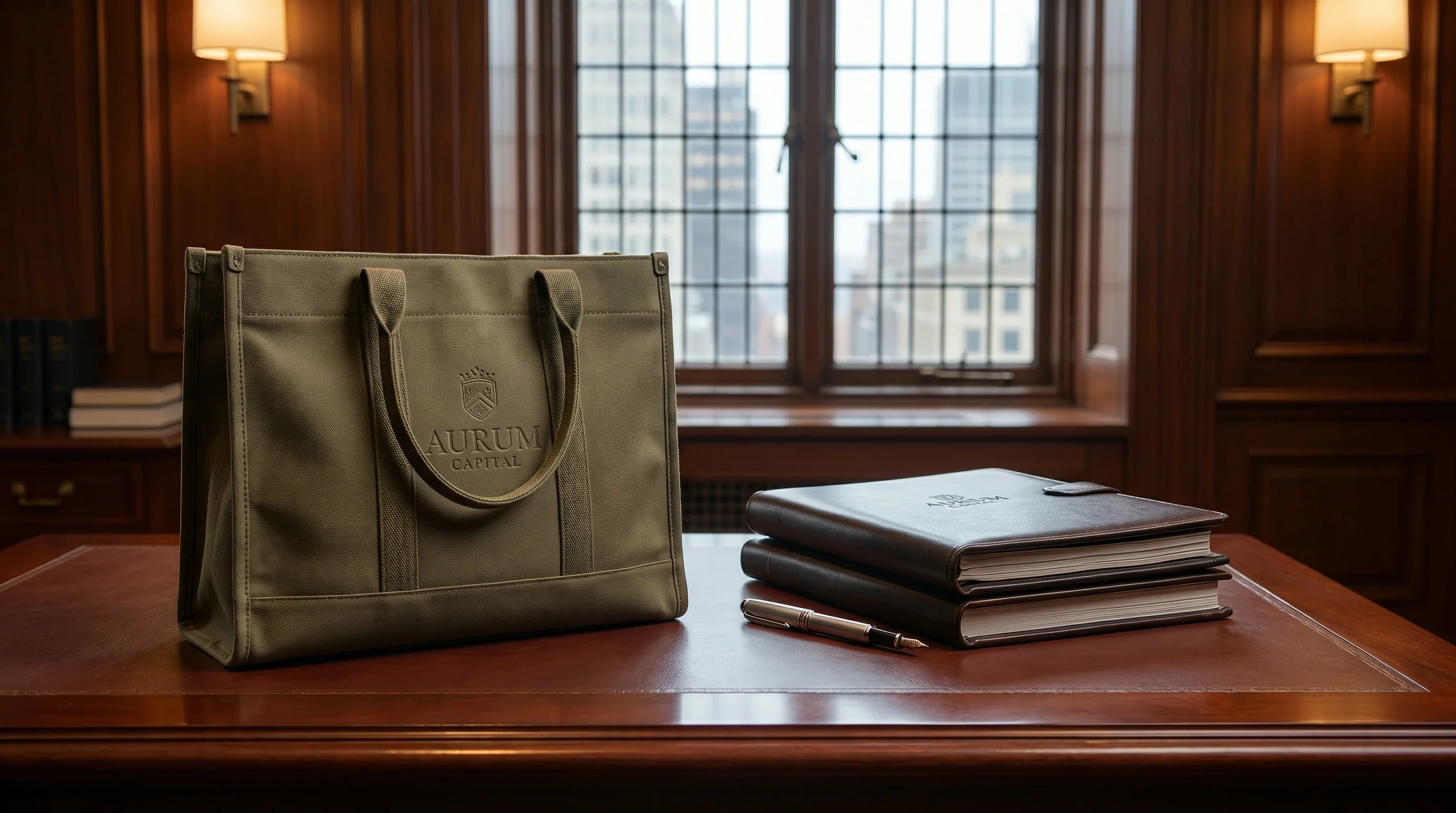 A premium custom tote bag holding financial documents on a mahogany desk in a wealth management office.