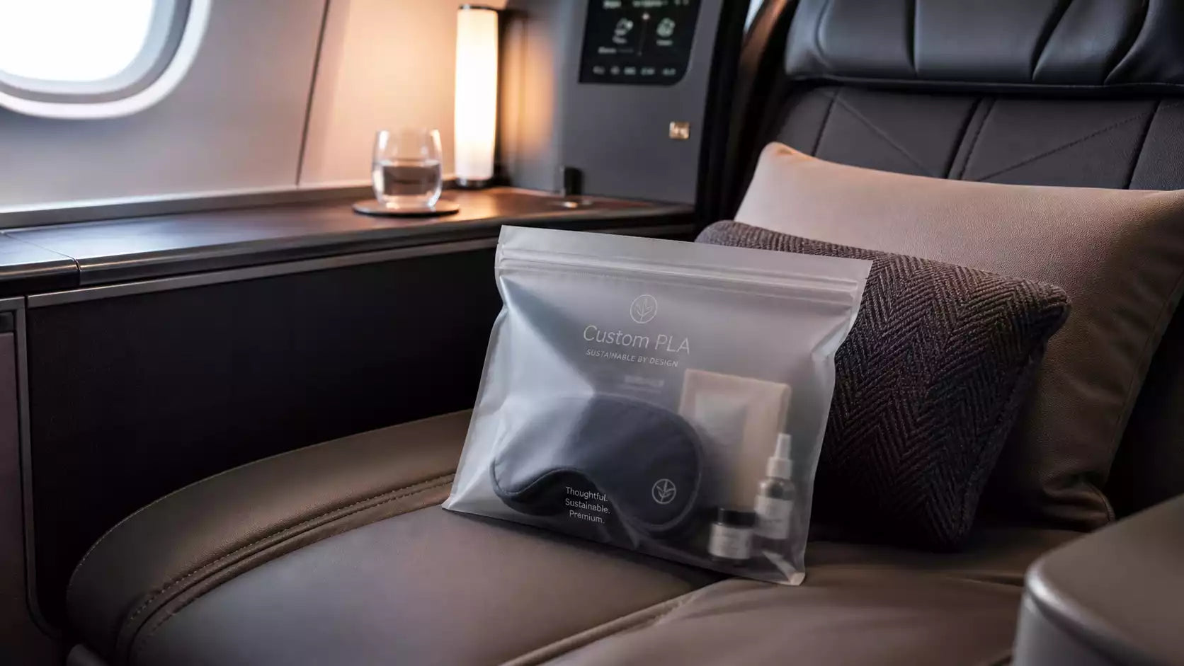 A premium first-class airline amenity kit packaged in a frosted Custom PLA Bag.