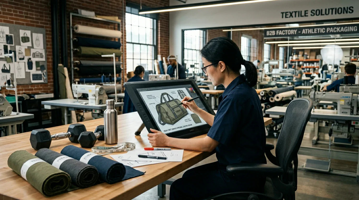 A Chinese textile designer at Tote Bag Factory designing a heavy-duty custom reusable bag for a fitness franchise.