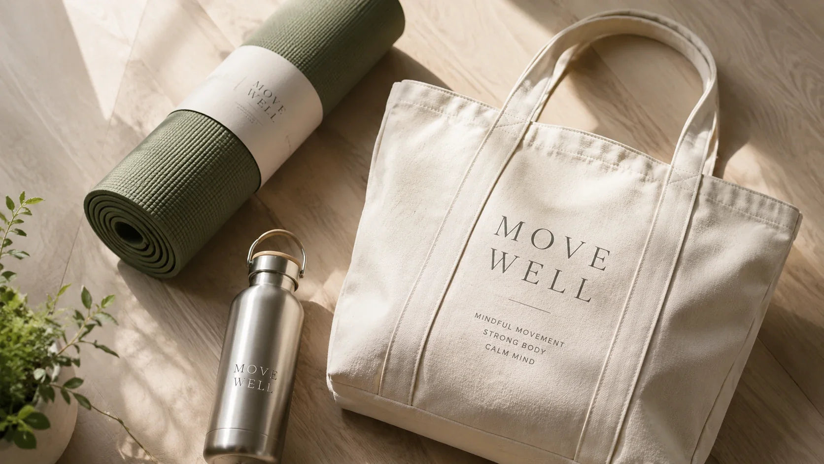 A healthy lifestyle flat lay featuring a yoga mat, water bottle, and a premium custom tote bag.