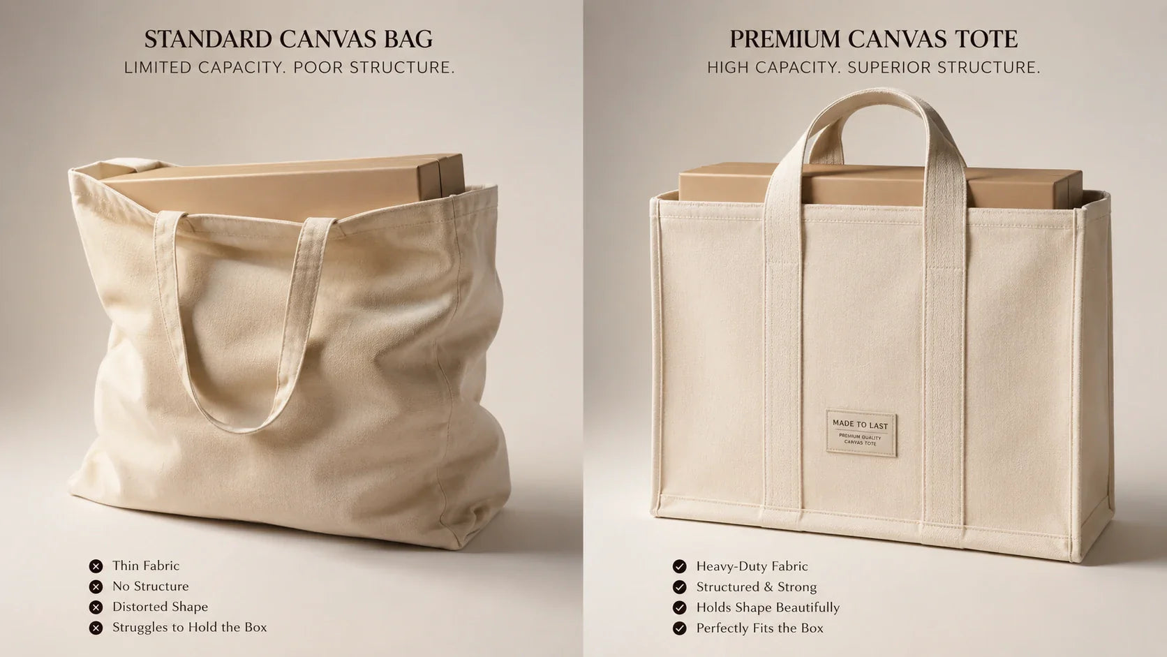 A conceptual split-screen comparing the limited capacity of a flat bag versus a spacious gusseted custom canvas tote bag.