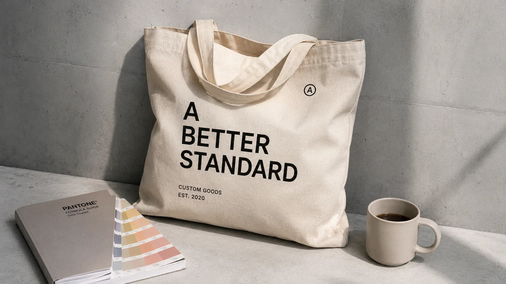 A stylish custom tote bag featuring beautiful, bold minimalist typography.