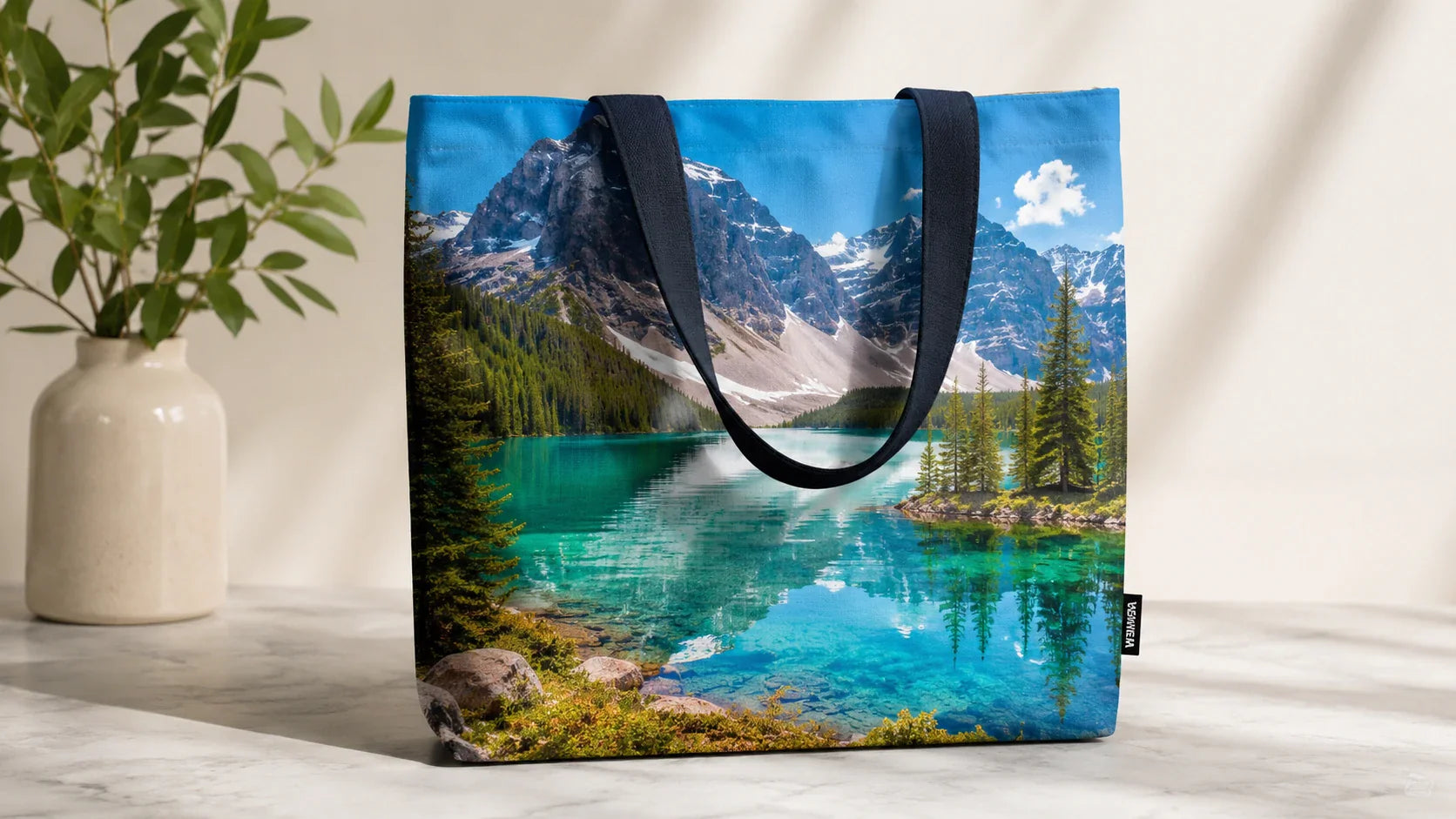 Vibrant full color custom printed tote bags with complex photographic designs