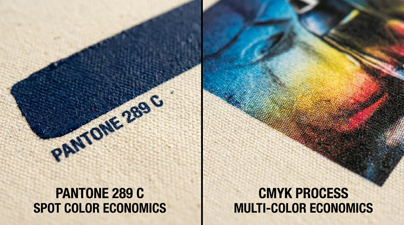 A macro comparison of solid spot color printing versus complex full-color CMYK printing on custom canvas bags.